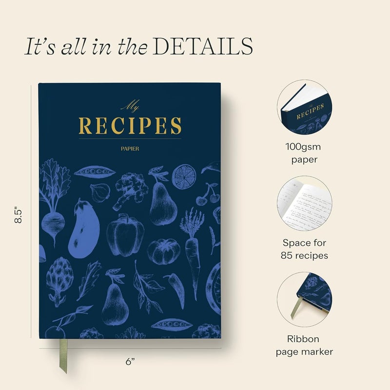 Papier Recipe Journal - Harvest, Navy, 8.46" L x 6.02" W, Hardback | Preserve Family Traditions | Silk Finish | Well Organised and Durable | Space for Cooking Hints & Tips - Image 4
